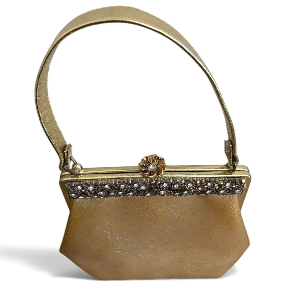 Vintage Gold Plastic Evening Satchel Clutch Handbag with‎ Ornate Clasp